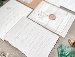 Neutral Wedding Invitation with Baby’s Breath, Deckled Edging, Vellum Belly Band and Wax Seal