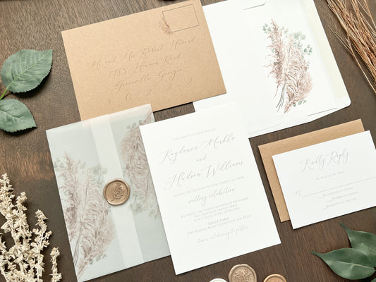 Pampas Grass with Eucalyptus Vellum Wedding Invitation with Wax Seal and Deckled Edging
