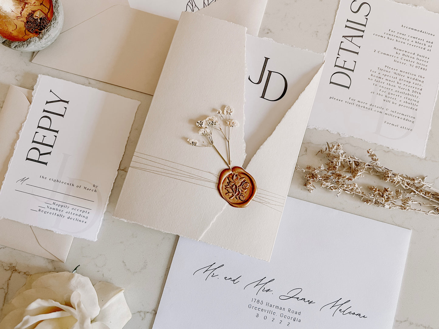 Trifold Monogram Wedding Invitation with Baby’s Breath, Wrap & Wax seal