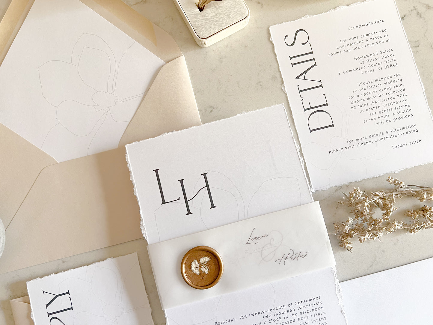 Modern Magnolia Wedding Invitation with Vellum & Wax seal