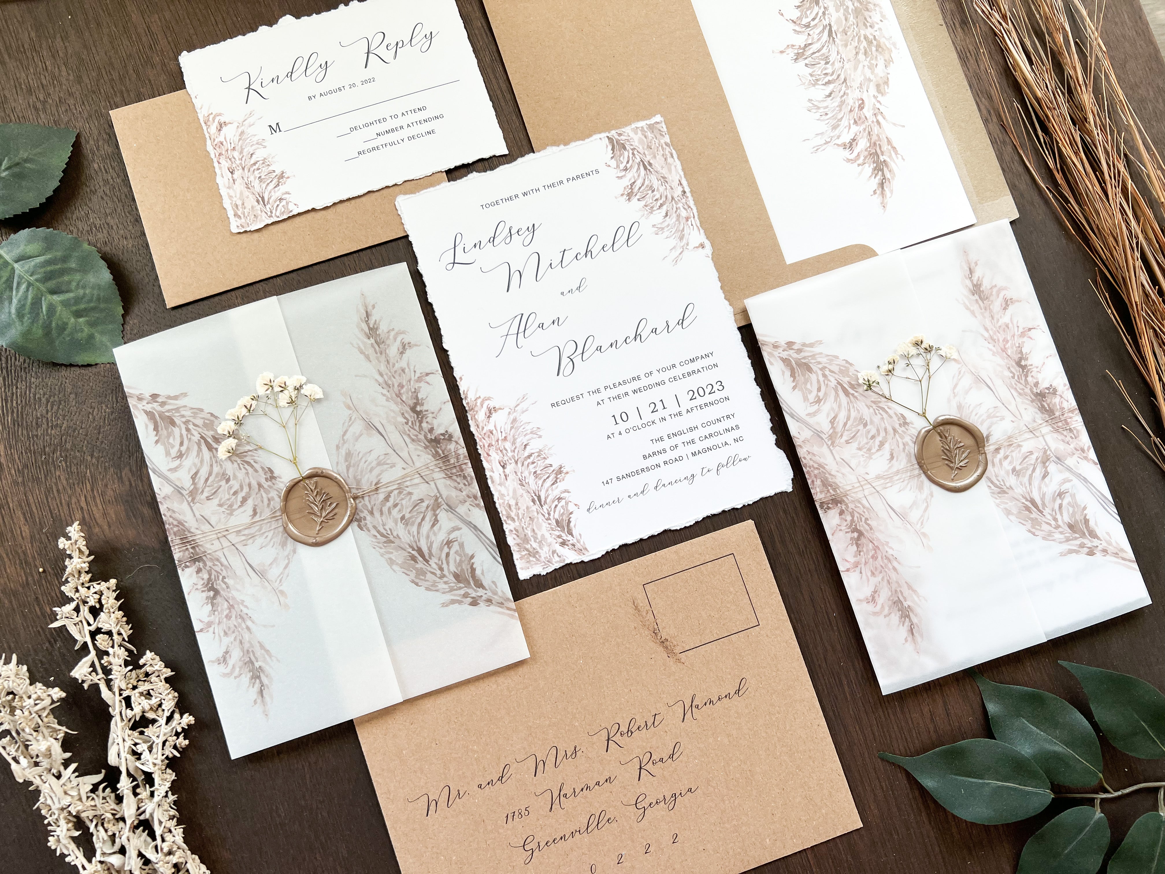 Pampas Grass and Baby’s Breath Wedding Invitation with Deckled Edge, Boho Vellum with Wax Seal