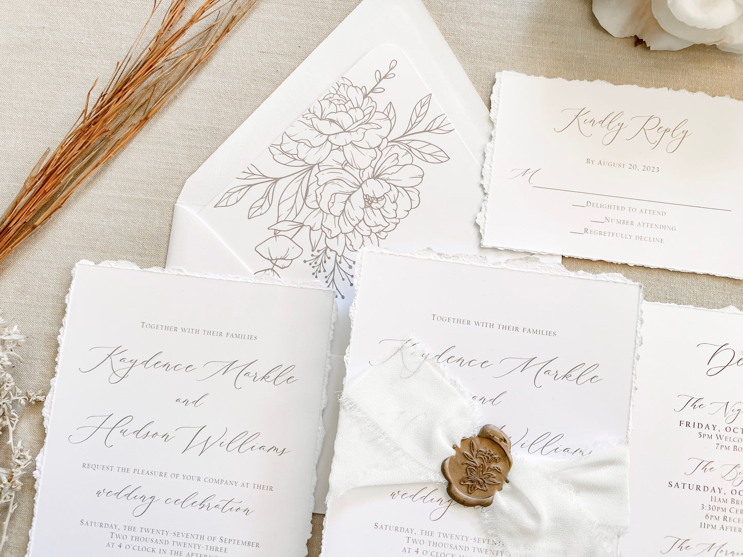Classic Elegant Wedding Invitation with Deckled Edging, White Chiffon Ribbon & Wax Seal