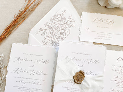 Classic Elegant Wedding Invitation with Deckled Edging, White Chiffon Ribbon & Wax Seal
