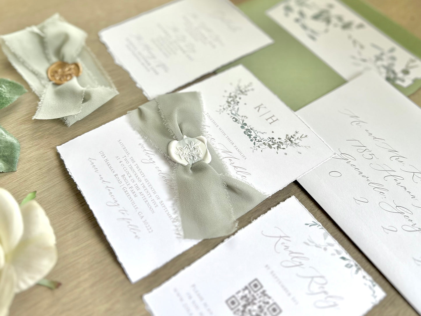 Monogram Laurel Wreath Wedding Invitation with Muted Sage Green Chiffon Ribbon & Wax Seal with Deckled Edging