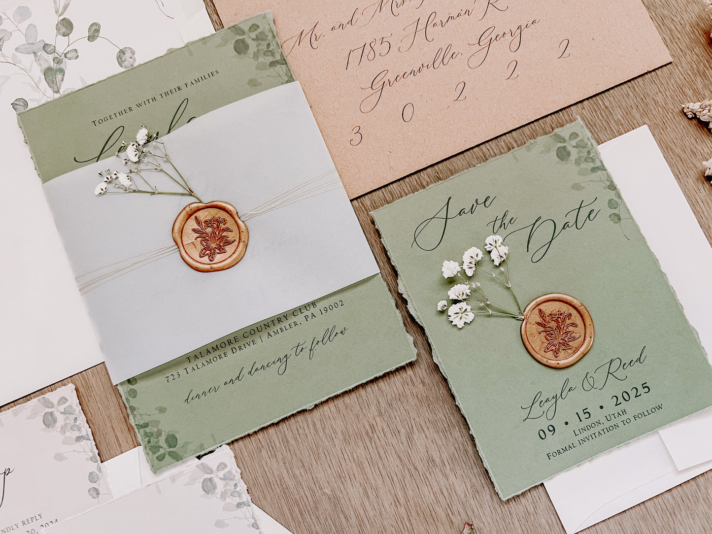 Sage Green and Baby’s Breath Wedding Invitation with Deckled Edging, Vellum Belly Band and Wax Seal