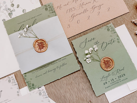 Sage Green and Baby’s Breath Wedding Invitation with Deckled Edging, Vellum Belly Band and Wax Seal