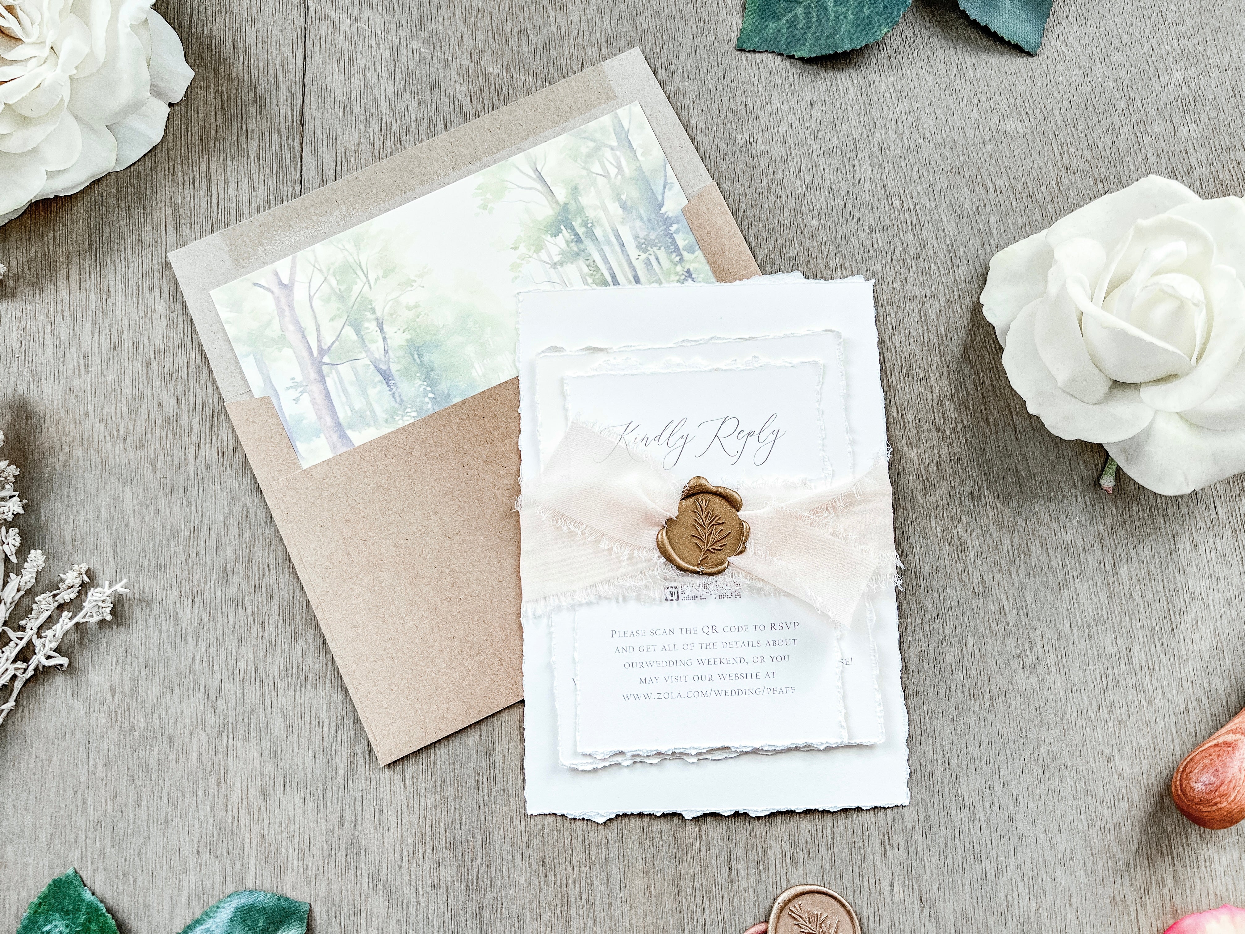 Old Money Wedding Invitation with Deckled Edging, Chiffon Ribbon and Wax Seal