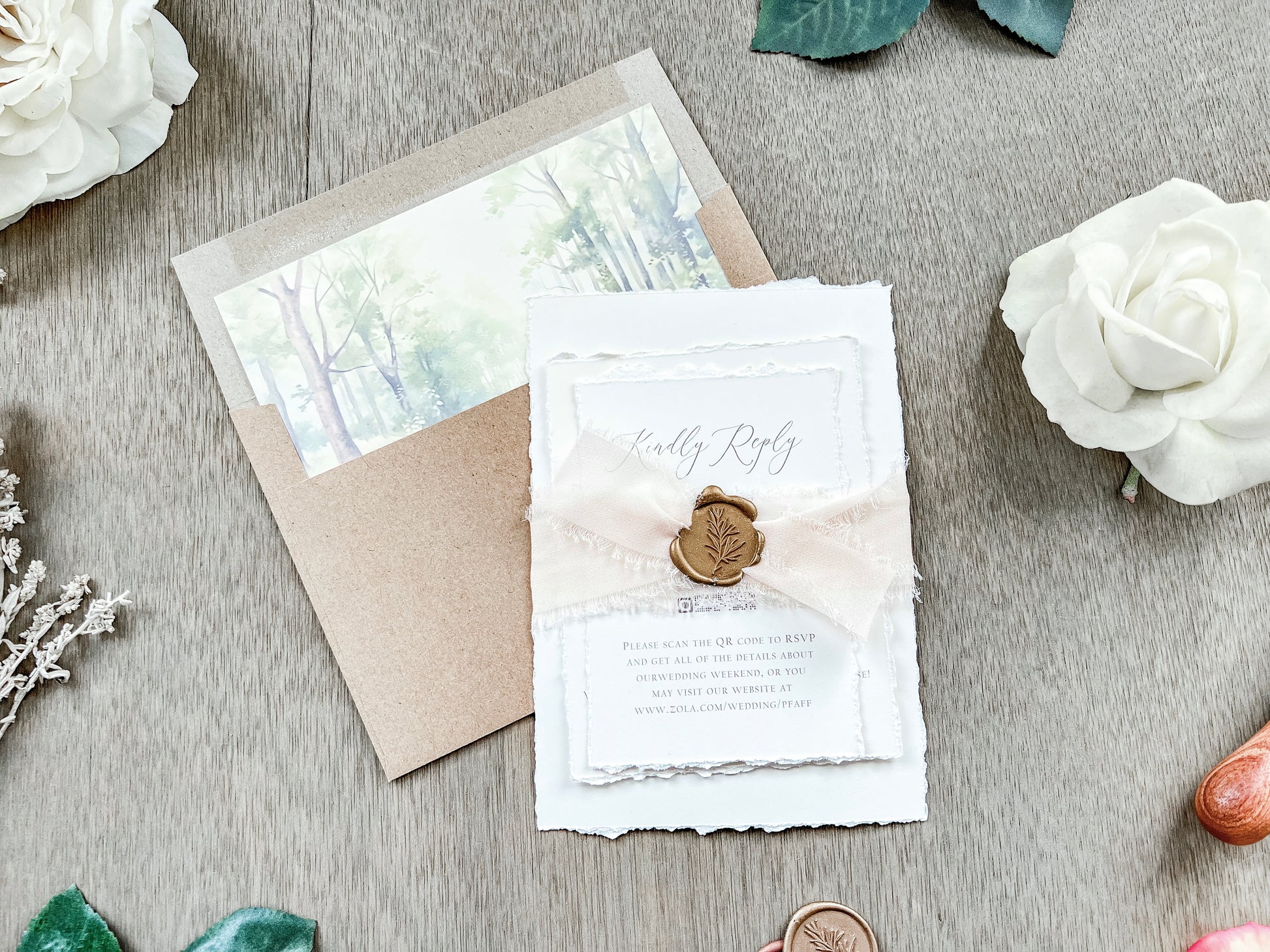 Old Money Wedding Invitation with Deckled Edging, Chiffon Ribbon and Wax Seal