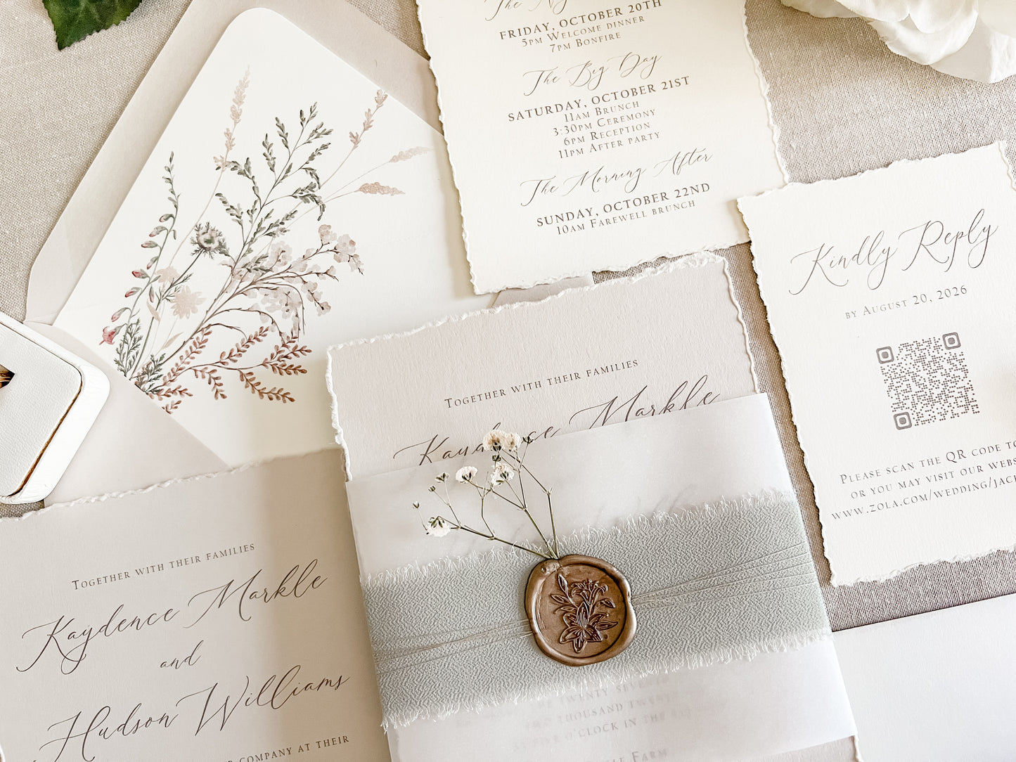 Muted Sage Green Wedding Invitation with Deckled Edging, Vellum, Ribbon, Baby’s Breath and Wax Seal