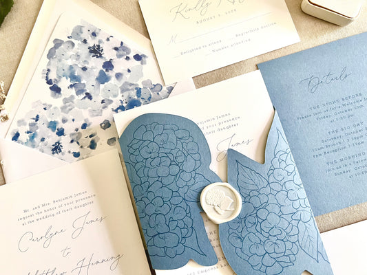 Hydrangea Wedding Invitation with Die Cut Wrap & Wax Seal