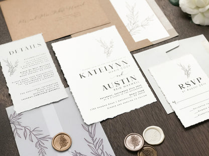 Contemporary Modern Boho Wedding Invitation with Deckled Edging, Vellum and Antique Gold Wax Seal