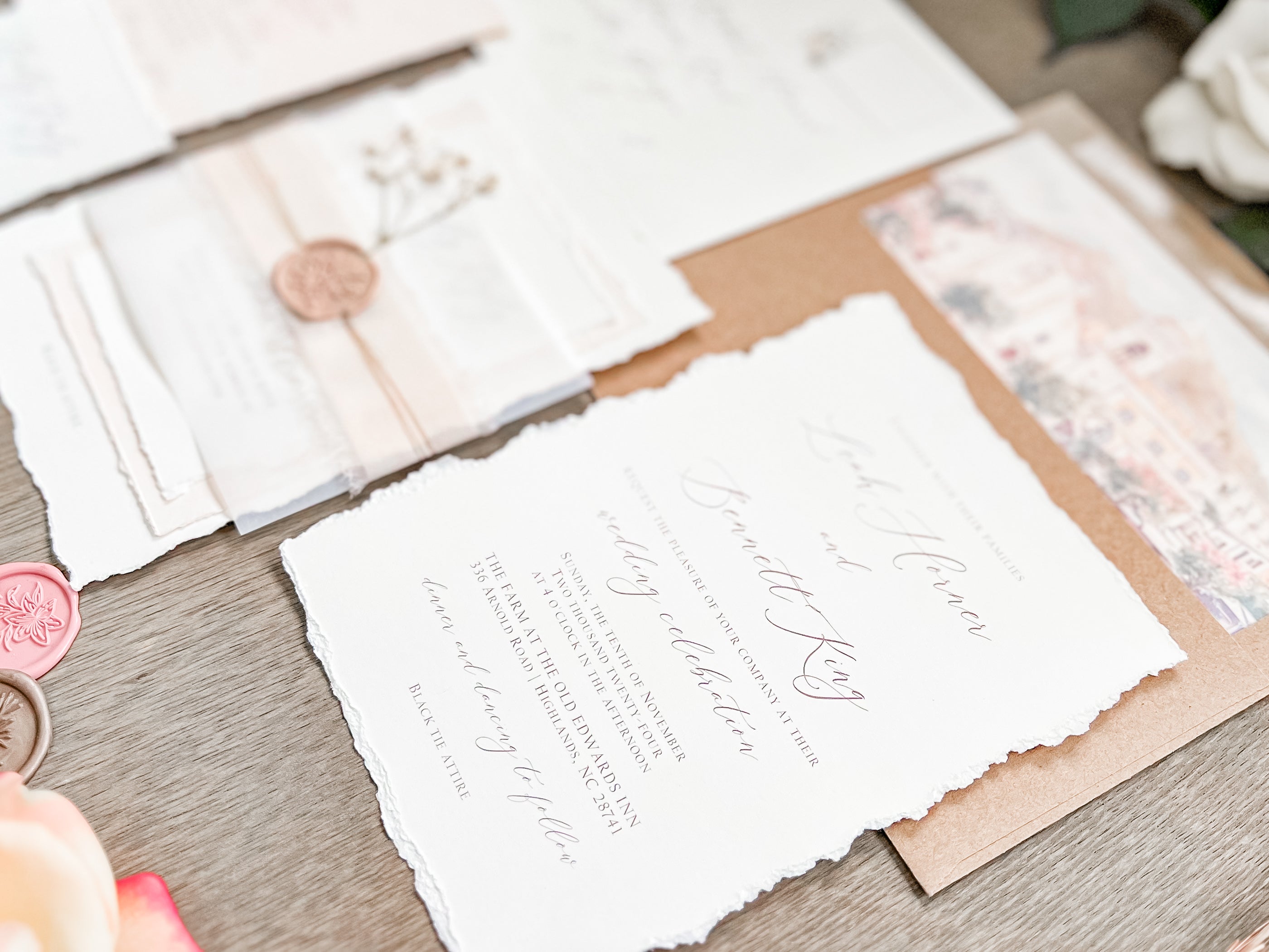 Neutral Wedding Invitation with Deckled Edging, Vellum Belly Band, Chiffon Ribbon, Dried Baby’s Breath and Wax Seal