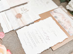 Neutral Wedding Invitation with Deckled Edging, Vellum Belly Band, Chiffon Ribbon, Dried Baby’s Breath and Wax Seal