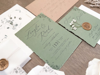Sage Green and Baby’s Breath Wedding Invitation with Deckled Edging, Vellum Belly Band and Wax Seal