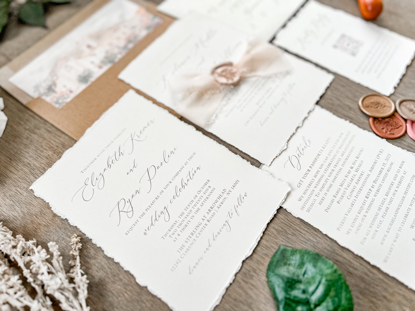 Neutral Wedding Invitation with Deckled Edging, Chiffon Ribbon and Nude Wax Seal