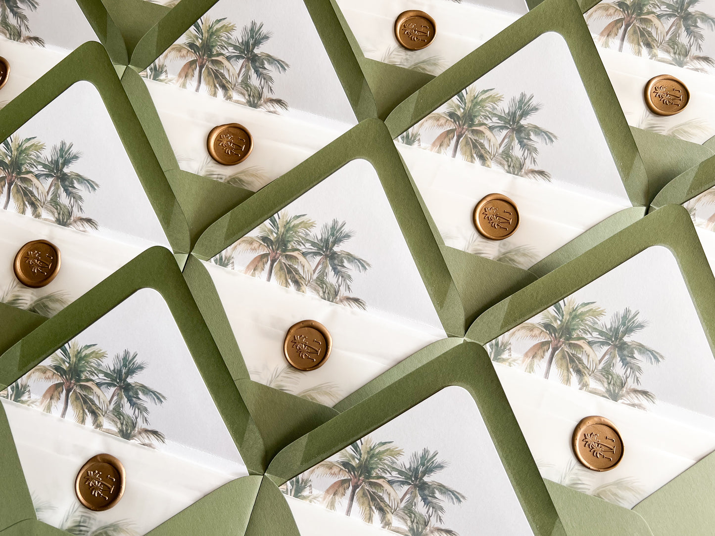 Tropical Wedding Invitation with Palm Tree, Vellum & Wax Seal