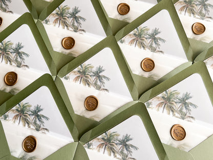 Tropical Wedding Invitation with Palm Tree, Vellum & Wax Seal