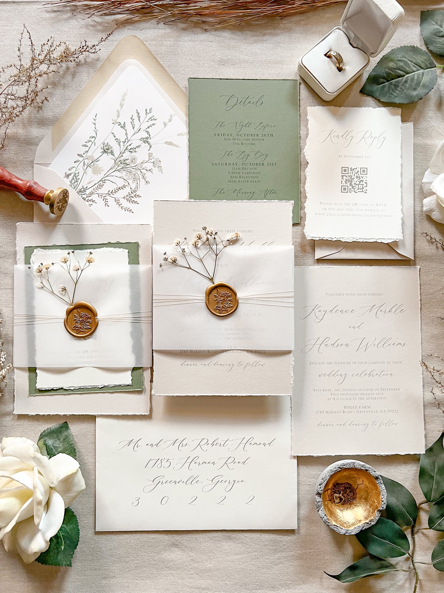 Baby’s Breath Wedding Invitation with Deckled Edging, Baby’s Breath, Vellum and Wax Seal