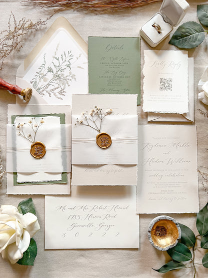Baby’s Breath Wedding Invitation with Deckled Edging, Baby’s Breath, Vellum and Wax Seal