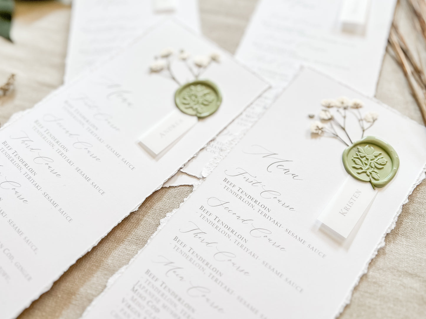 Wedding Menus with Vellum Name Tag, Baby’s Breath and Wax Seal