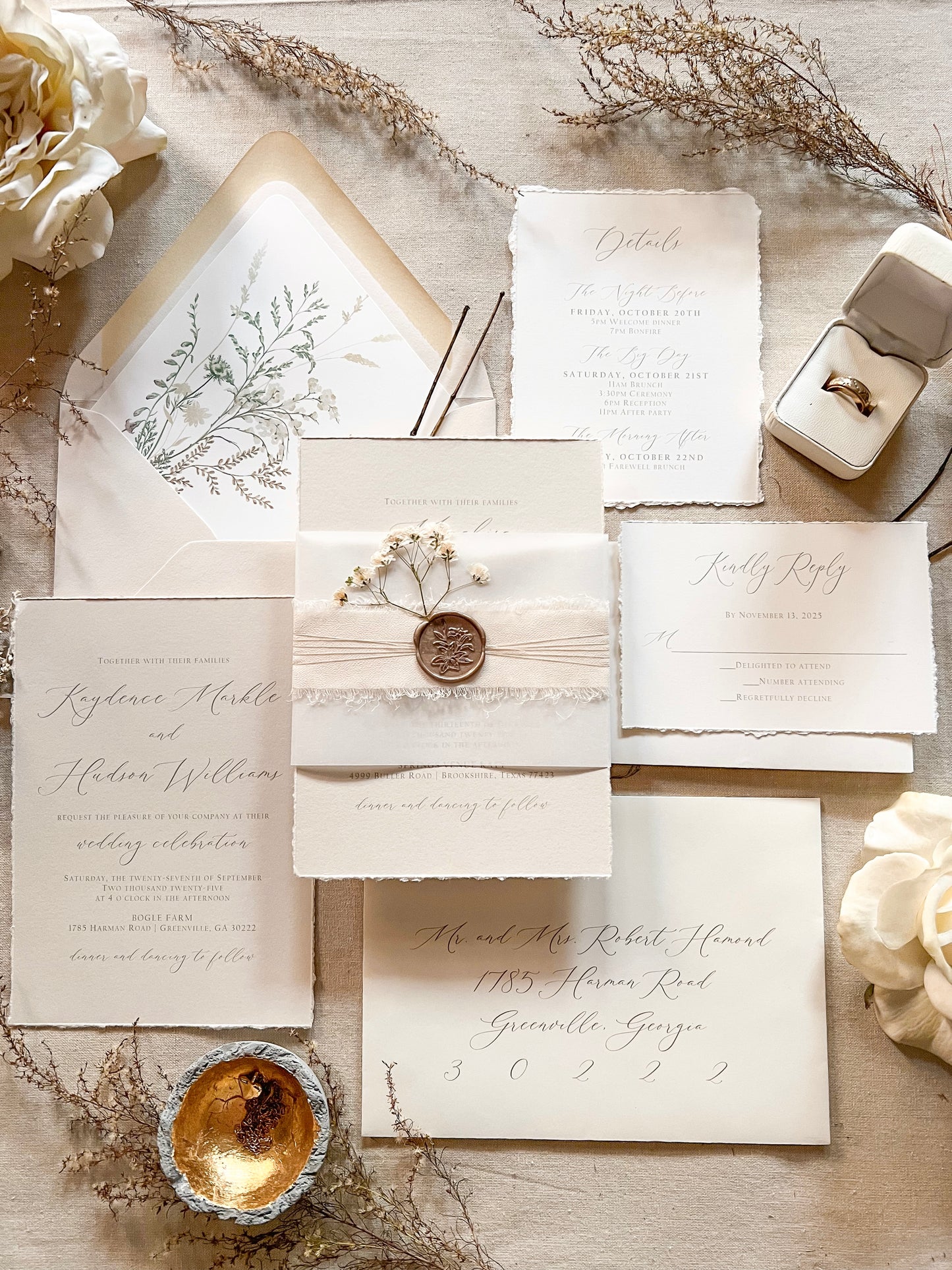 Neutral Wedding Invitation with Deckled Edging, Vellum Belly Band, Chiffon Ribbon