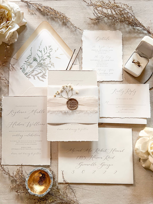 Neutral Wedding Invitation with Deckled Edging, Vellum Belly Band, Chiffon Ribbon