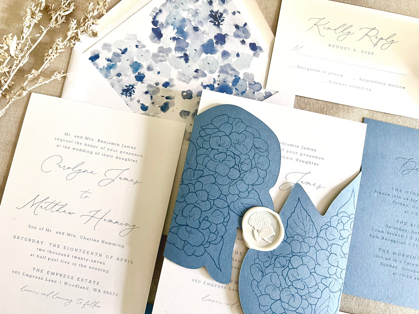 Hydrangea Wedding Invitation with Die Cut Wrap & Wax Seal