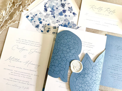 Hydrangea Wedding Invitation with Die Cut Wrap & Wax Seal