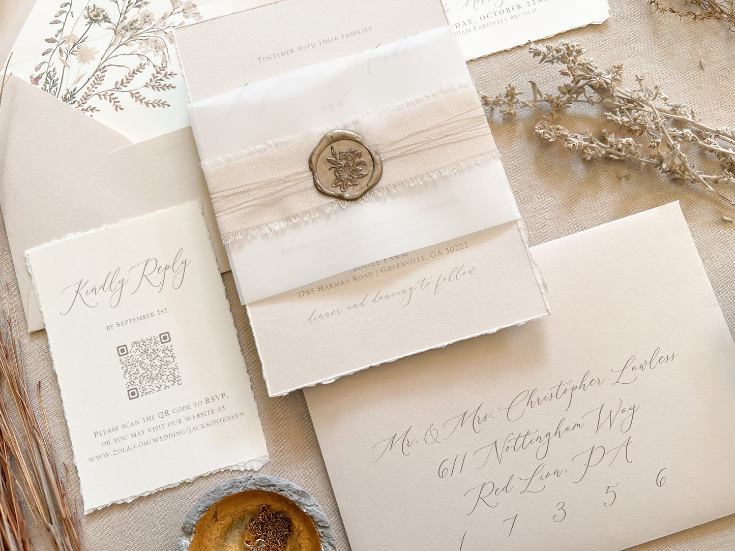 Neutral Wedding Invitation with Deckled Edging, Vellum Bellyband, Chiffon Ribbon and Wax Seal