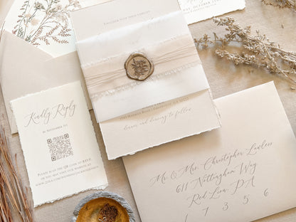 Neutral Wedding Invitation with Deckled Edging, Vellum Bellyband, Chiffon Ribbon and Wax Seal