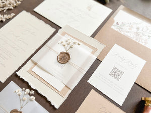 Elegant Beige Baby’s Breath Wedding Invitation with Deckled Edging, Vellum Belly Band and Wax Seal