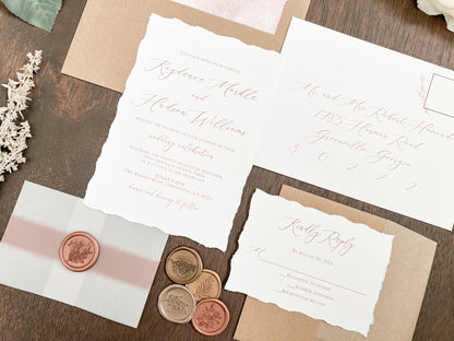 Copper Wedding Invitation with Deckled Edging, Vellum Belly Band, Chiffon Ribbon and Wax Seal