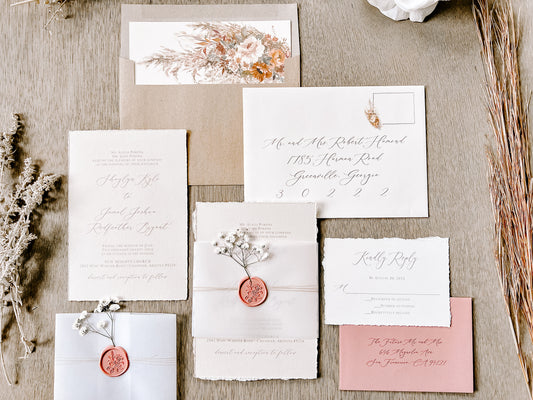 Dusty Rose Pink Wedding Invitation with Baby’s Breath, Deckled Edging, Vellum Belly Band and Wax Seal