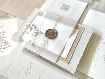 Neutral Baby’s Breath Wedding Invitation with Deckled Edging, Vellum and Wax Seal