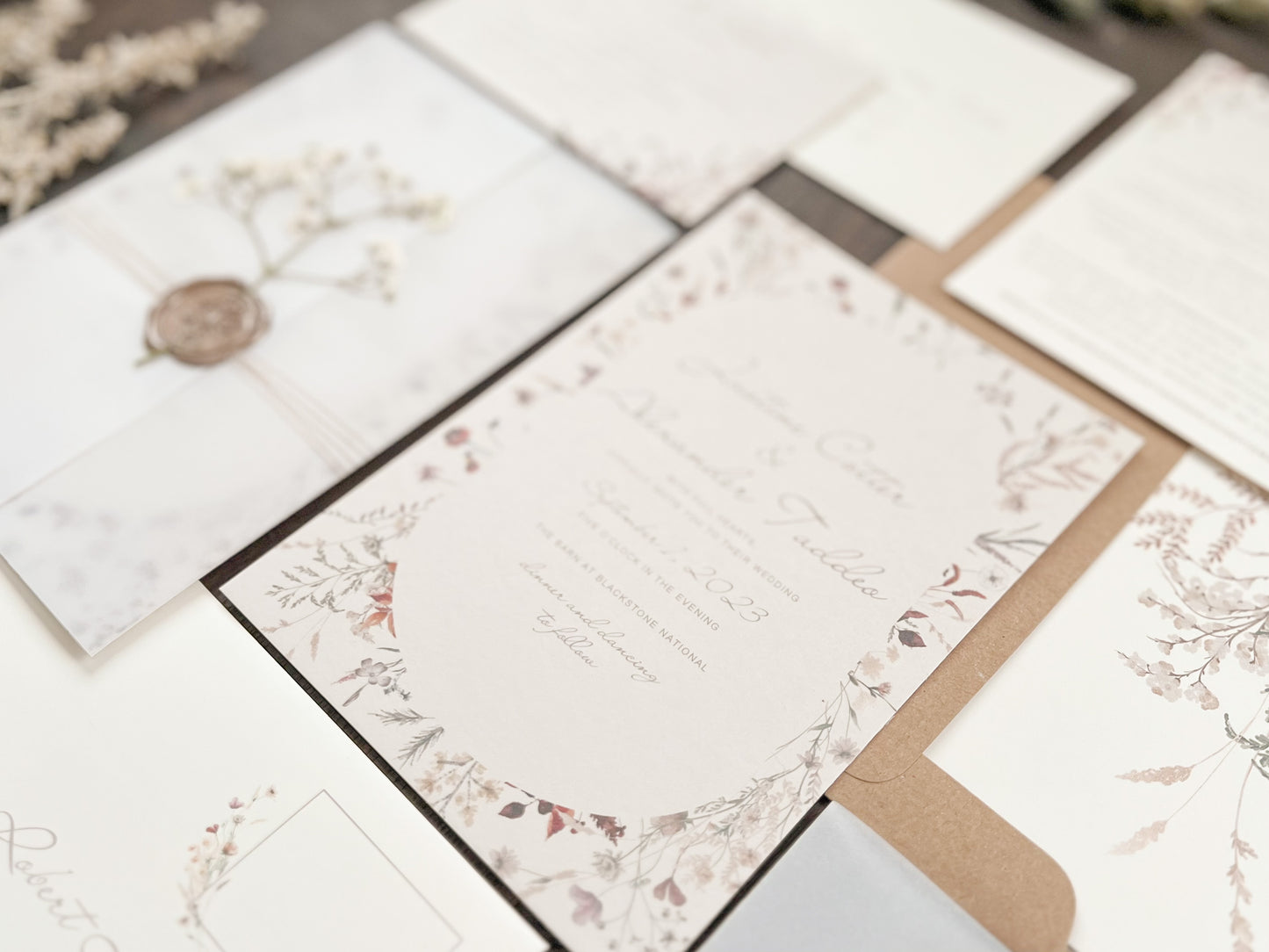 Baby’s Breath Wedding Invitation with Deckled Edging, Vellum Wrap and Wax Seal