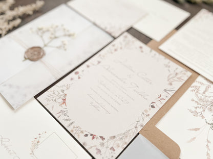 Baby’s Breath Wedding Invitation with Deckled Edging, Vellum Wrap and Wax Seal