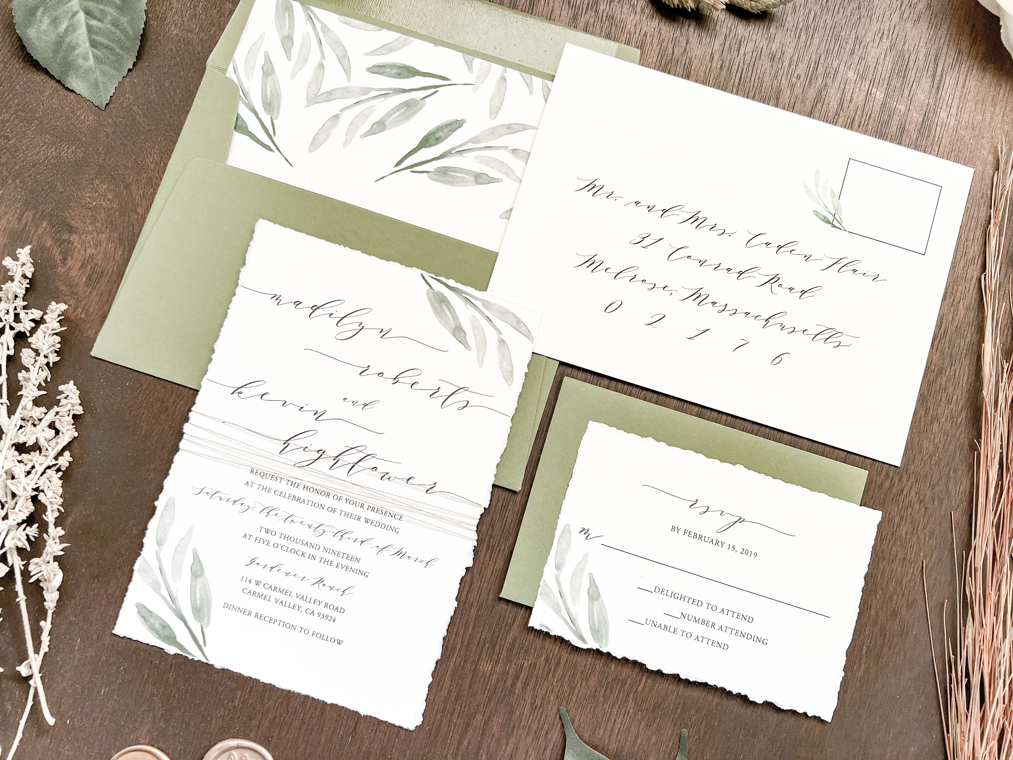 Greenery Wedding Invitation Wrapped in Thread