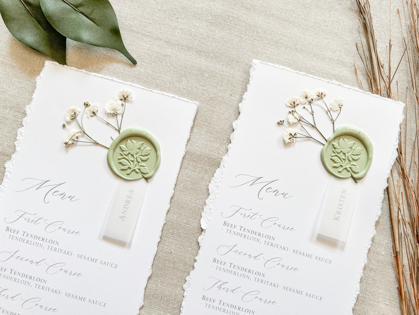 Wedding Menus with Vellum Name Tag, Baby’s Breath and Wax Seal