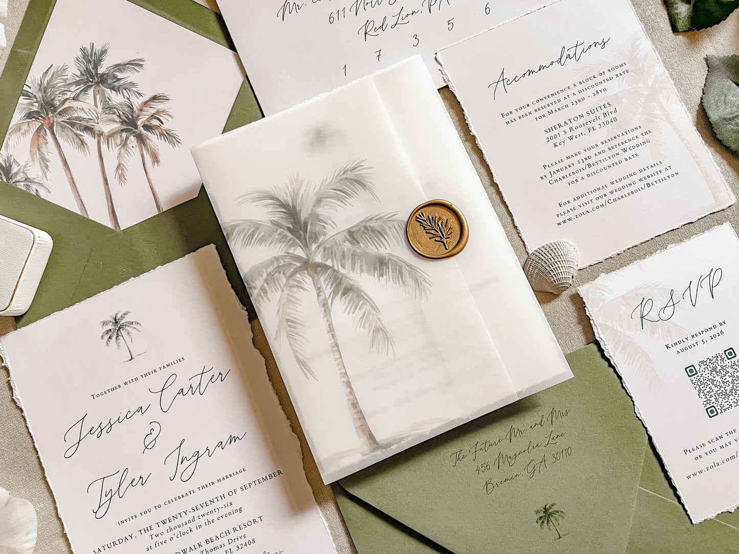 Tropical Wedding Invitation with Palm Tree, Vellum & Wax Seal