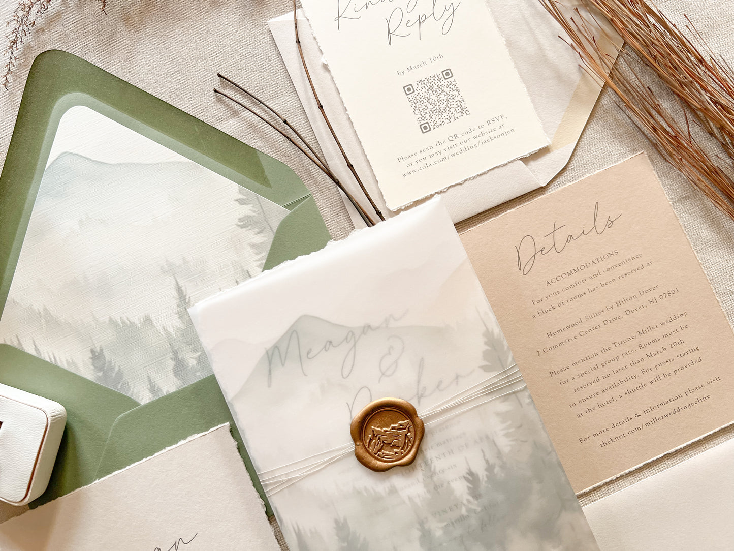 Mountain Wedding Invitation with Vellum, Deckled Edge & Wax Seal