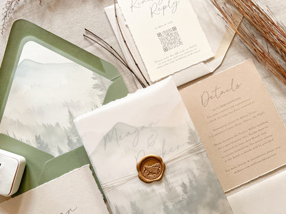 Mountain Wedding Invitation with Vellum, Deckled Edge & Wax Seal