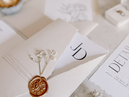 Trifold Monogram Wedding Invitation with Baby’s Breath, Wrap & Wax seal
