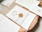 Elegant Wedding Invitation with Baby’s Breath, Beige & Vellum Wrap and Wax Seal