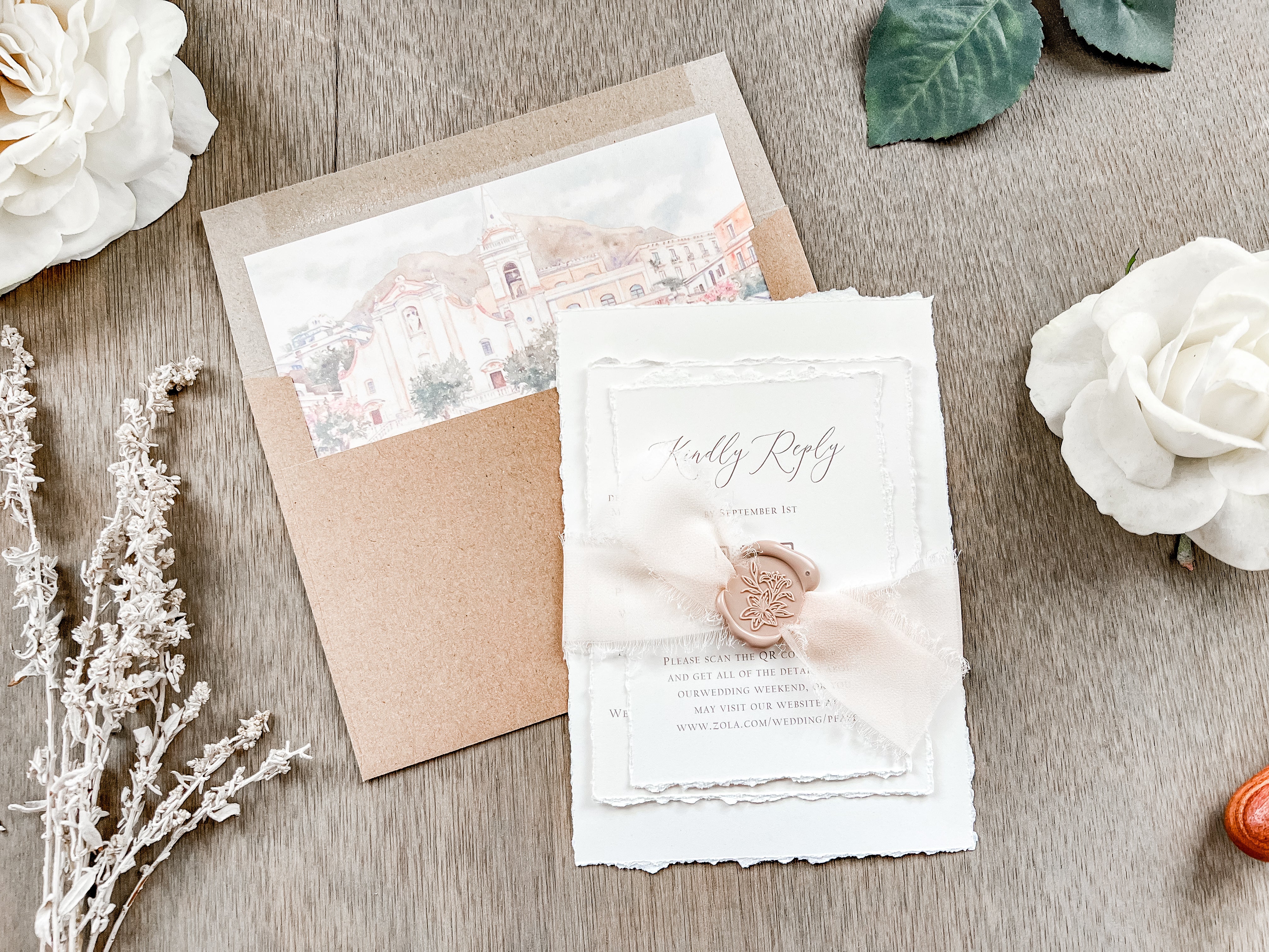 Neutral Wedding Invitation with Deckled Edging, Chiffon Ribbon and Nude Wax Seal