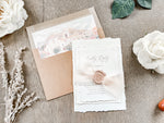 Neutral Wedding Invitation with Deckled Edging, Chiffon Ribbon and Nude Wax Seal