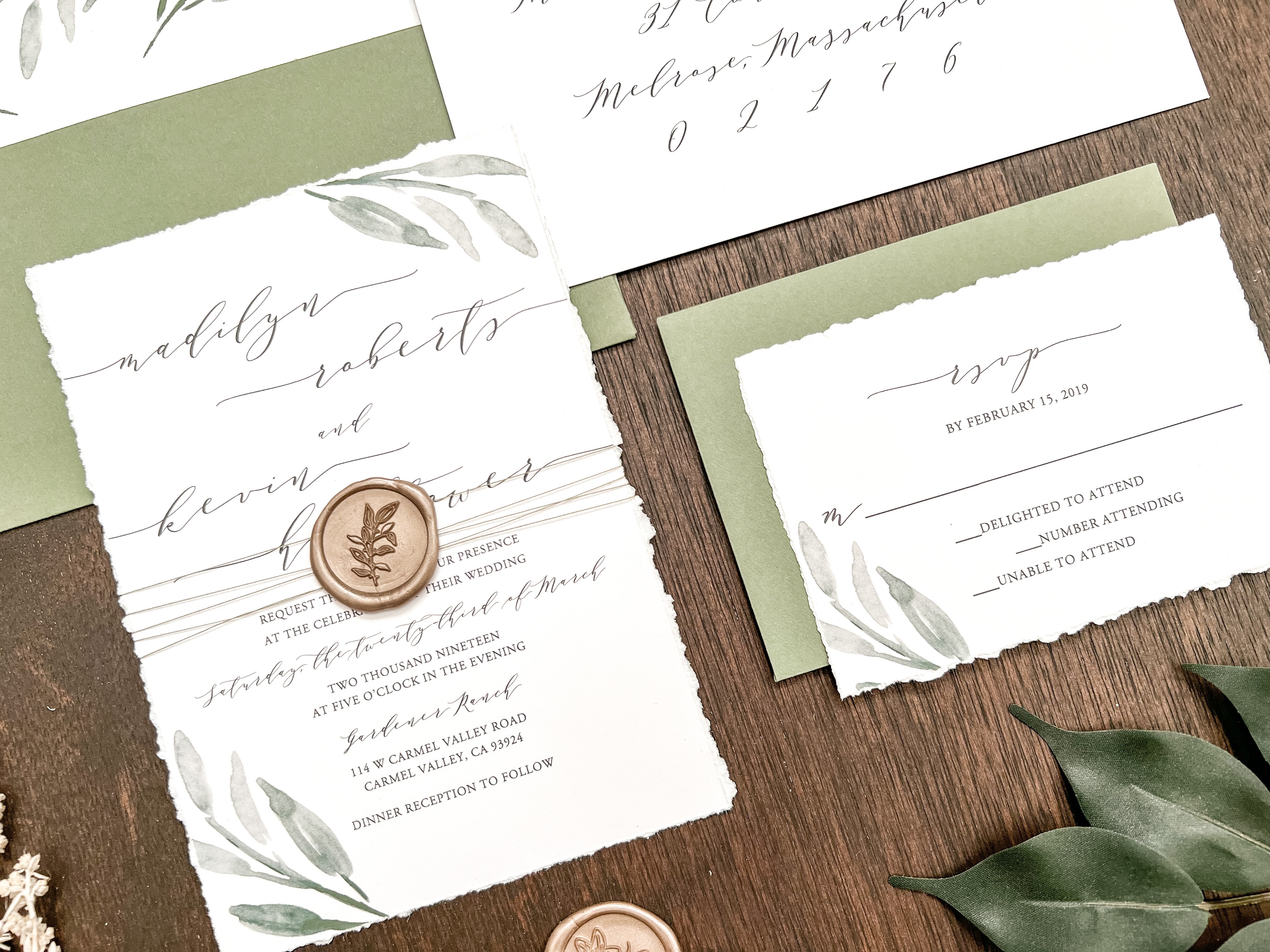 Greenery Deckled Edge Wedding Invitation with Wax Seal & Thread