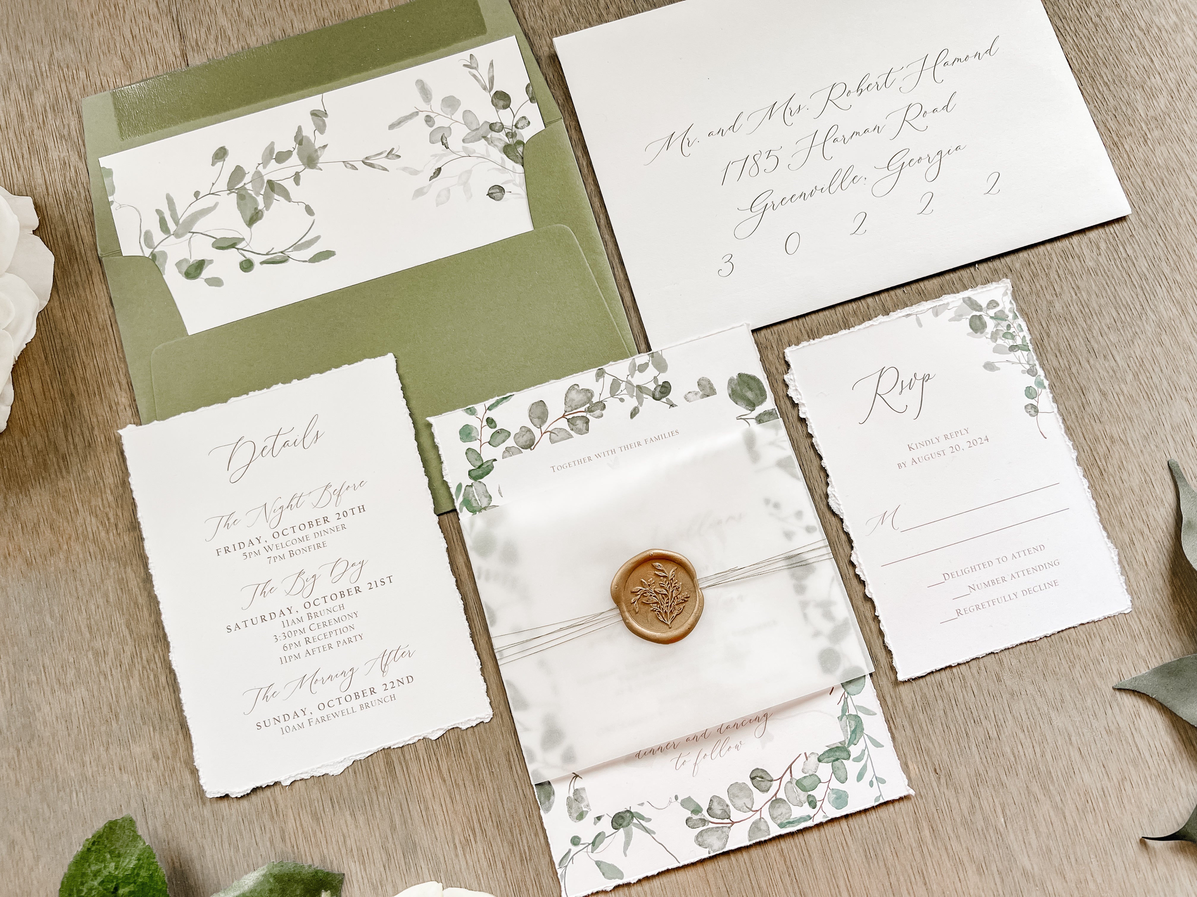 Eucalyptus Greenery Wedding Invitation with Deckled Edging, Vellum Belly Band and Wax Seal
