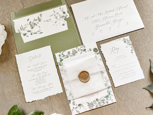 Eucalyptus Greenery Wedding Invitation with Deckled Edging, Vellum Belly Band and Wax Seal