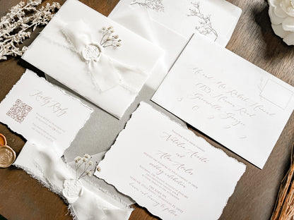 White Baby’s Breath Wedding Invitation with Deckled Edging, QR code RSVP, Vellum, Chiffon Ribbon and Wax Seal