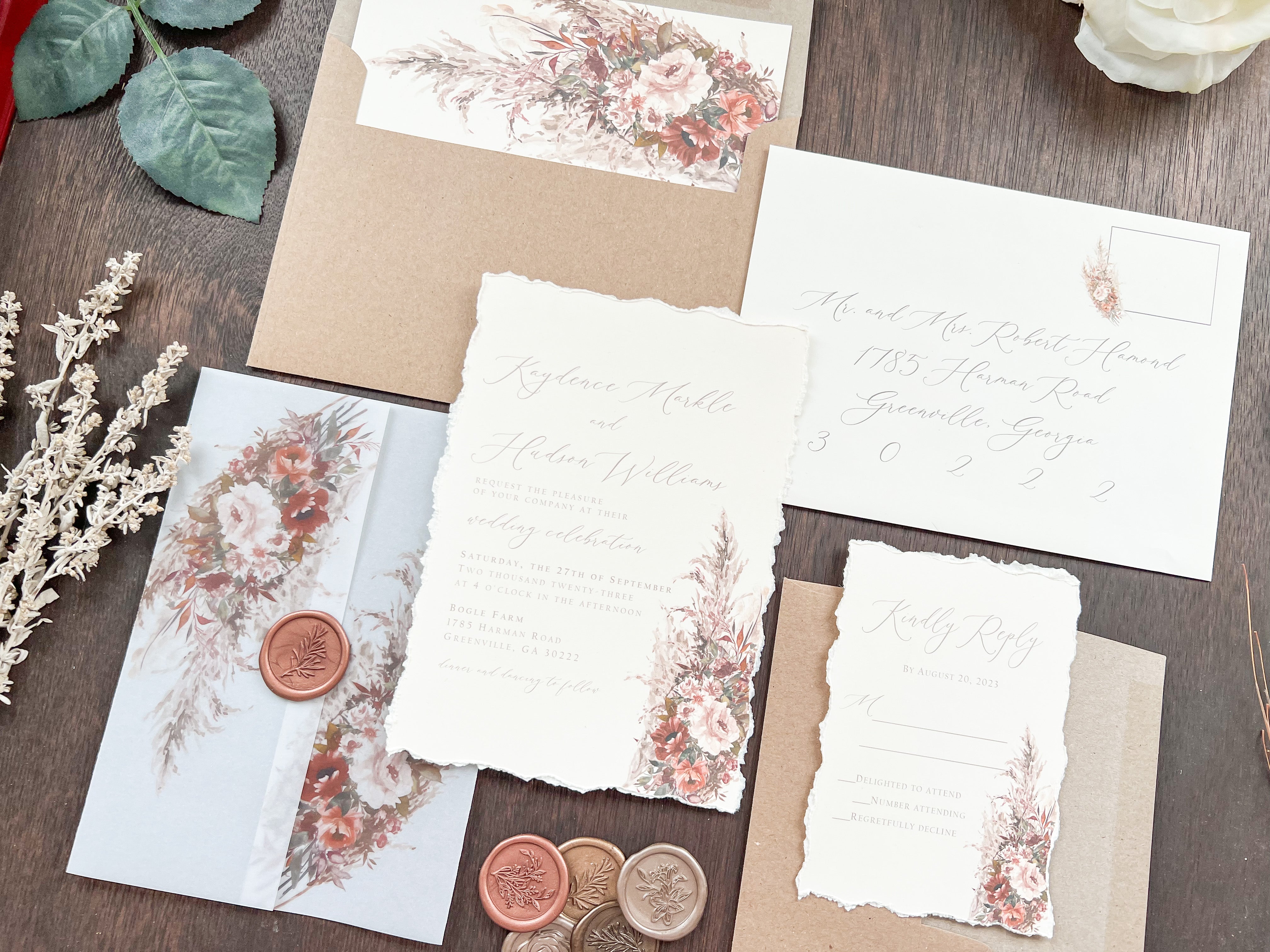 Pampas & Copper Foliage Boho Wedding Invitation with Deckled Edging, Vellum & Wax Seal